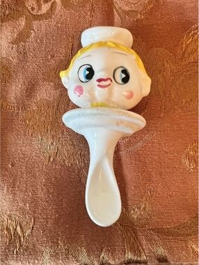 Vintage Porcelain Babies head sailor feeding spoon creepy baby eyes 4 1/2” tall